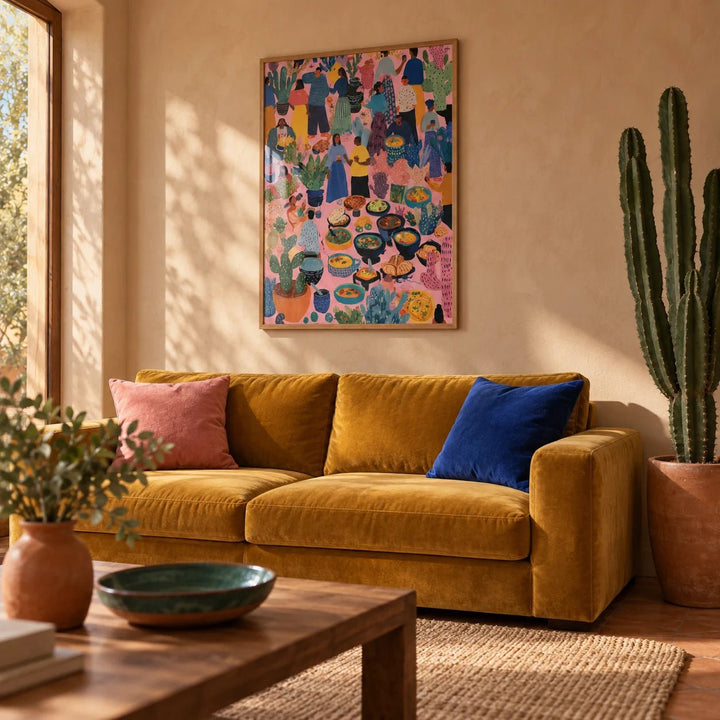 Artwork from Mexico, framed on the wall of a warm Mexican-modern living room