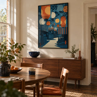 Asian Festival Art Print, framed on the wall of a characterful modern dining room in a Victorian terrace with warm cream plaster walls and dark timber floorboards