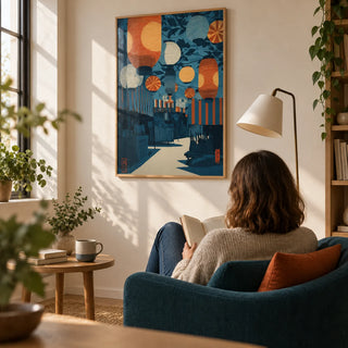 Asian Festival Art Print, framed on the wall of a quiet reading corner in a design-conscious first home with a warm white wall in a living room