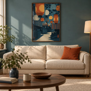 Asian Festival Art Print, framed on the wall of a warm modern living room in a UK city flat with a muted teal painted wall and oak floor