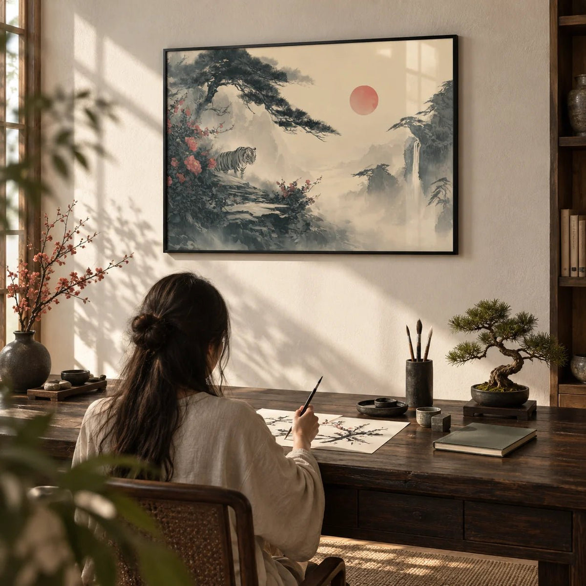 Asian Landscape Print, framed on the wall of a quiet study