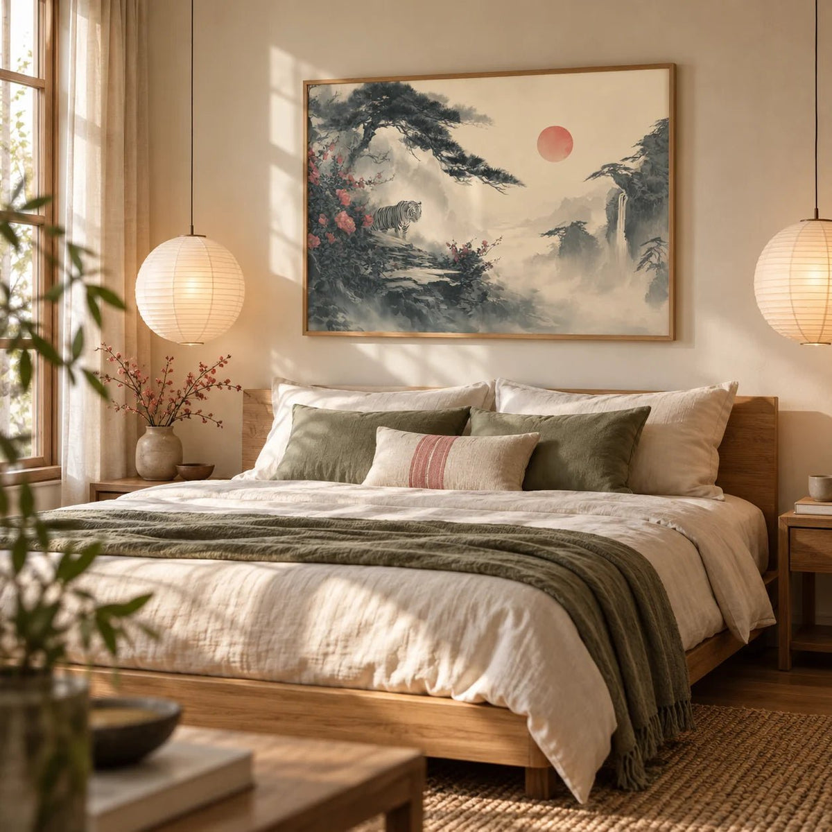 Asian Landscape Print, framed on the wall of a serene bedroom