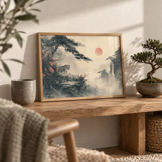 Asian Landscape Print, a small A4 framed print leaning on a low oak bench in a living room