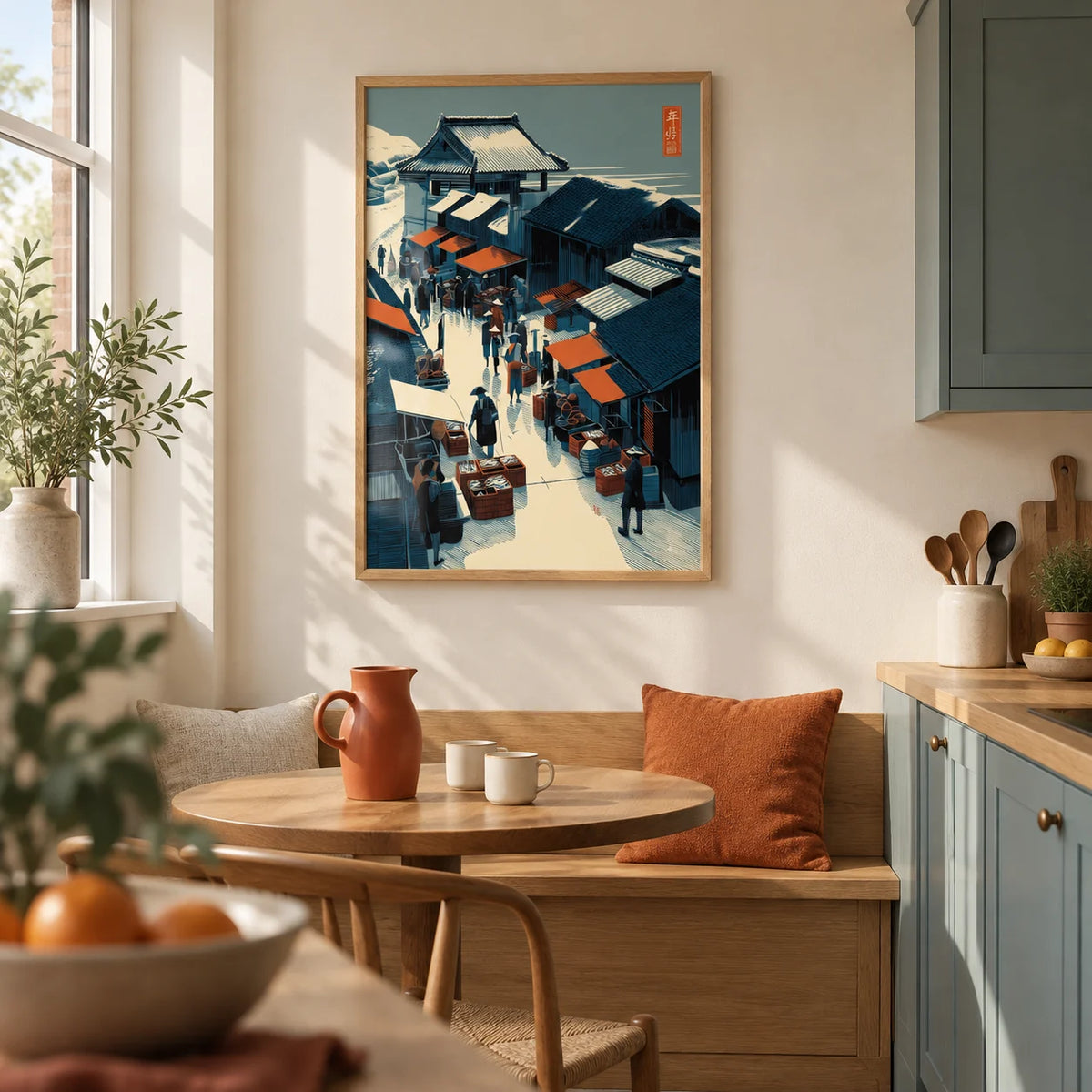 Asian Market Wall Art, framed on the wall of a bright kitchen breakfast corner in a renovated UK terraced home with plain cream walls