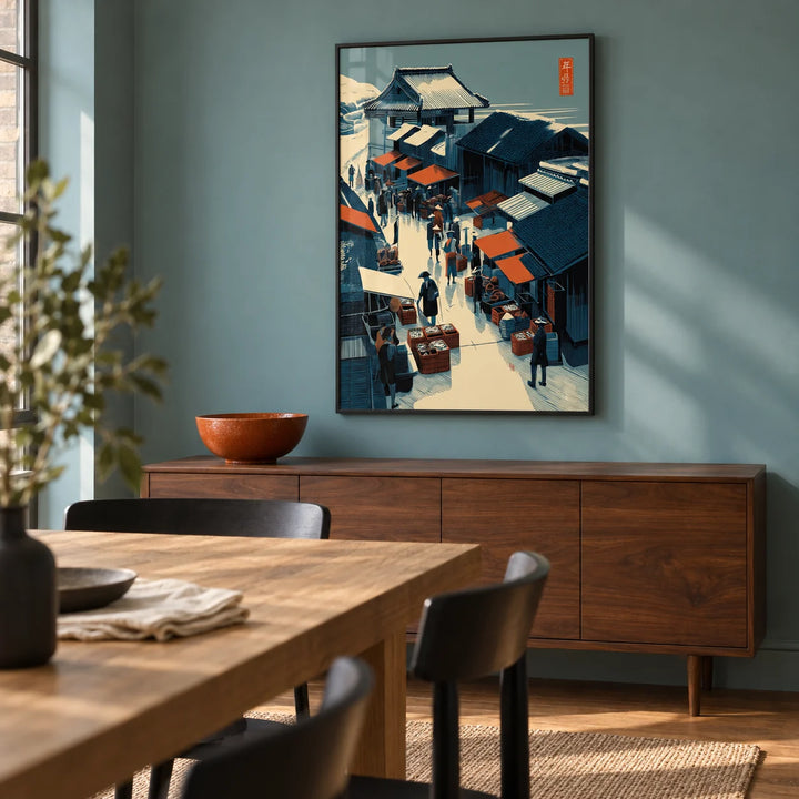 Asian Market Wall Art, framed on the wall of a compact dining room in a design-conscious UK city flat with a muted blue-green wall and warm timber flooring