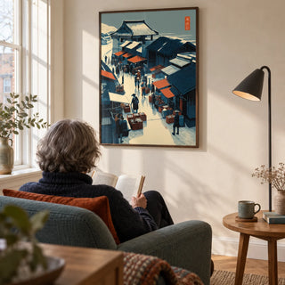 Asian Market Wall Art, framed on the wall of a quiet reading corner in a mature couple's UK flat with a cream wall and a tall window in a living room