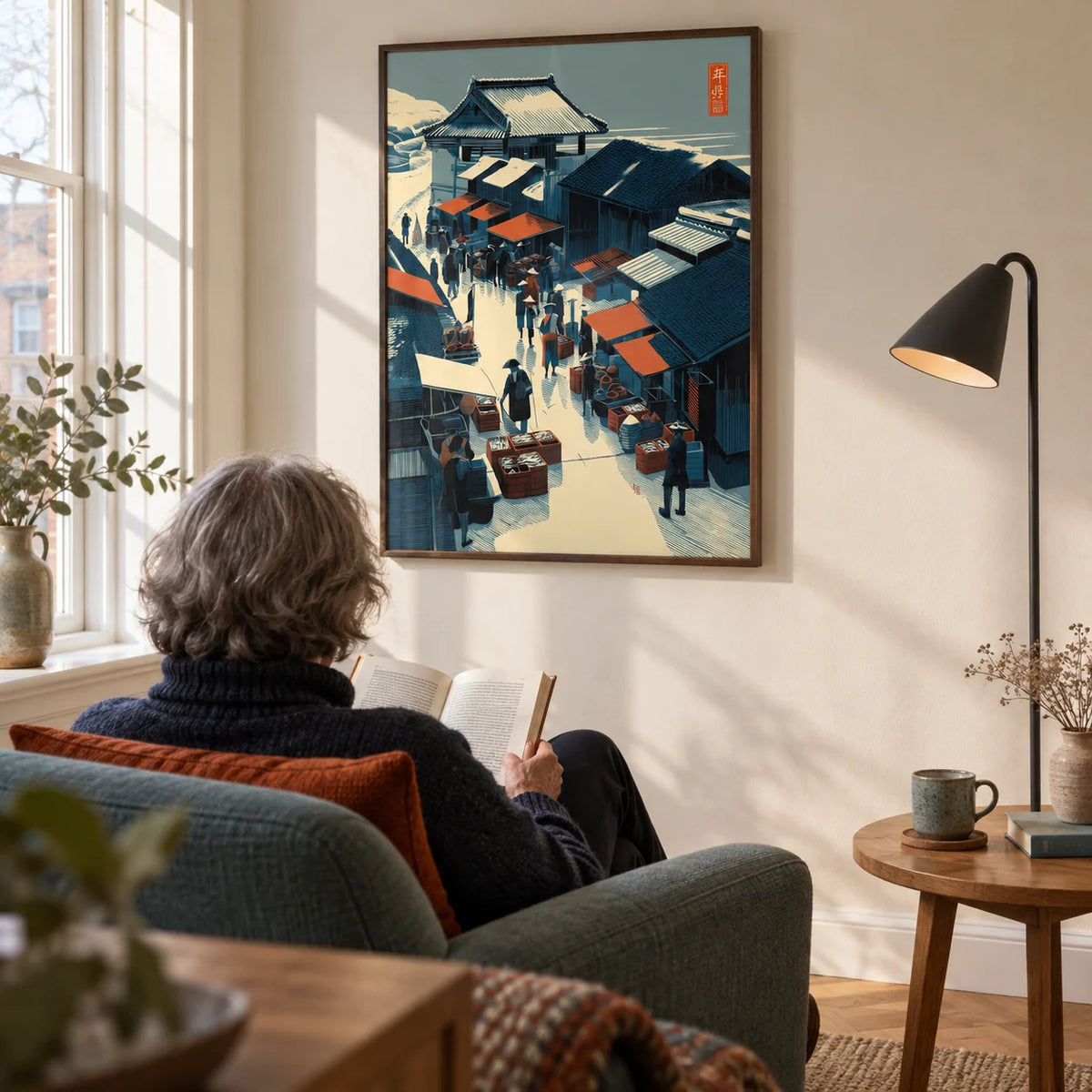 Asian Market Wall Art, framed on the wall of a quiet reading corner in a mature couple's UK flat with a cream wall and a tall window in a living room