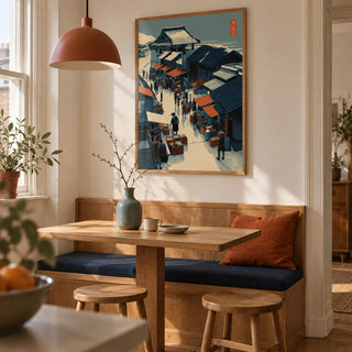 Asian Market Wall Art, framed on the wall of a small dining alcove in a UK maisonette with cream plaster walls and a built-in oak banquette