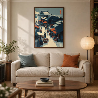 Asian Market Wall Art, framed on the wall of a warm modern living room in a UK Victorian terrace with cream plaster walls