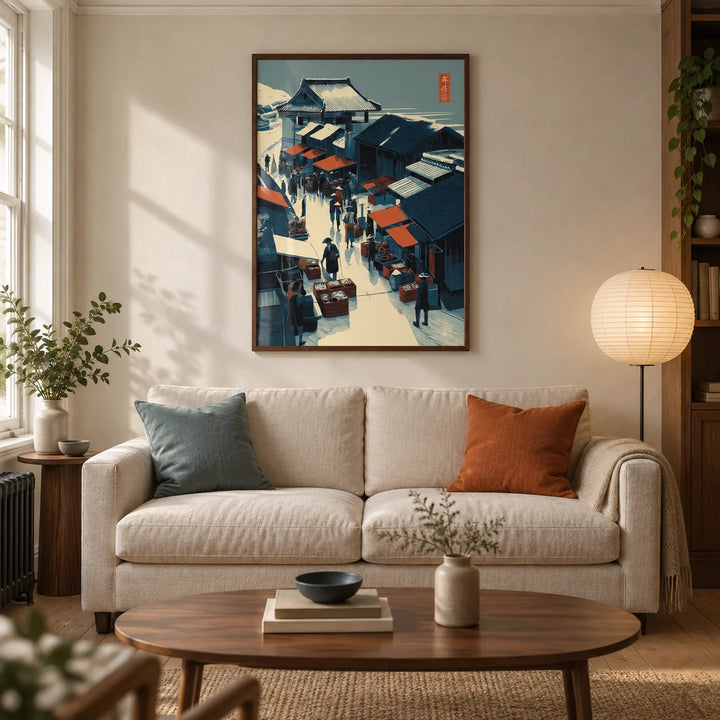 Asian Market Wall Art, framed on the wall of a warm modern living room in a UK Victorian terrace with cream plaster walls
