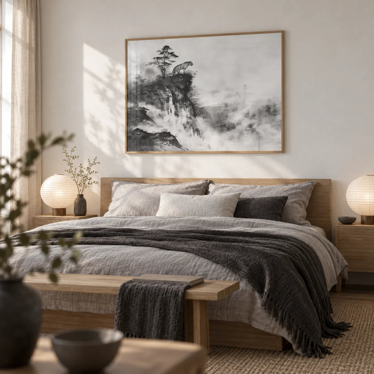 Asian Tiger Art, framed on the wall of a calm bedroom with a soft white wall