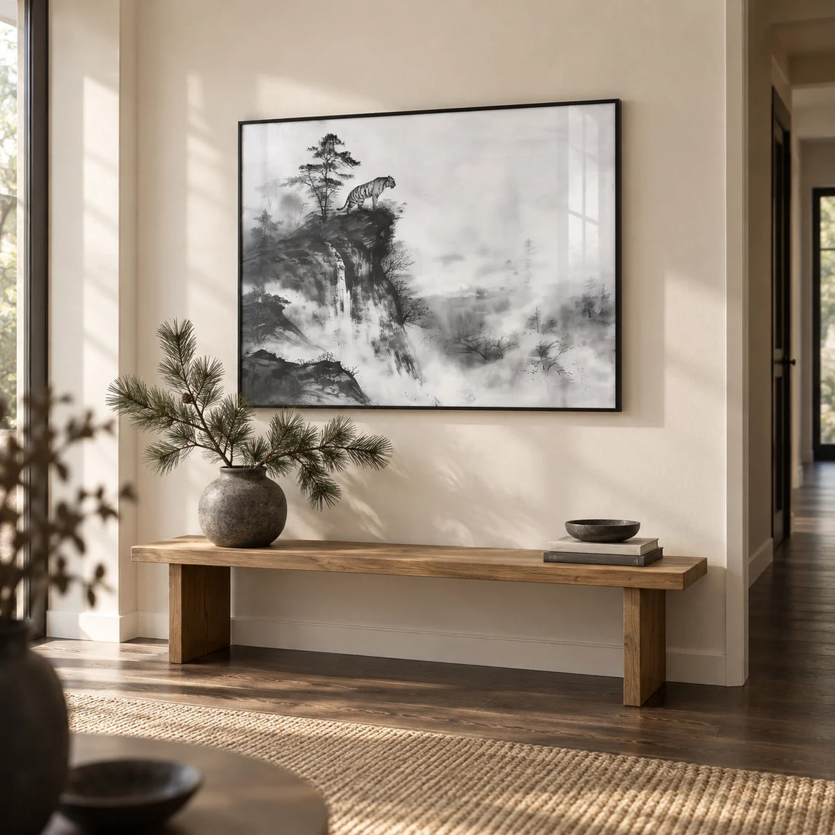 Asian Tiger Art, framed on the wall of a calm hallway with a cream wall and dark wood floor