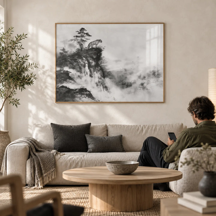 Asian Tiger Art, framed on the wall of a calm Japandi living room with a warm white limewashed wall and a pale oak floor