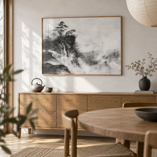 Asian Tiger Art, framed on the wall of a Japandi dining room with a white wall