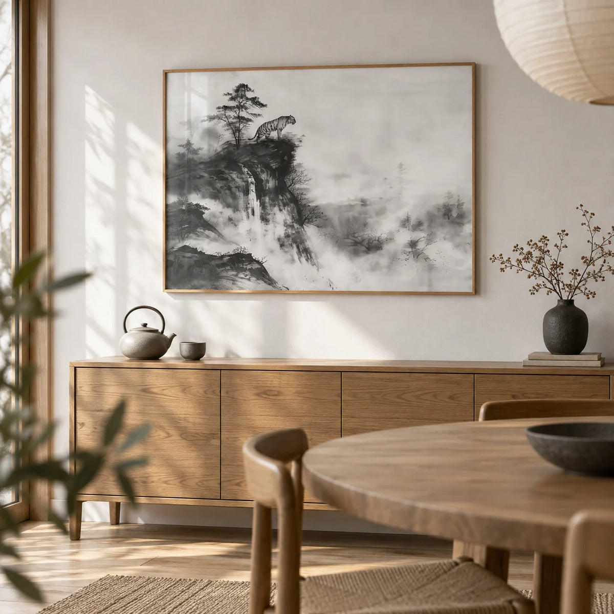 Asian Tiger Art, framed on the wall of a Japandi dining room with a white wall