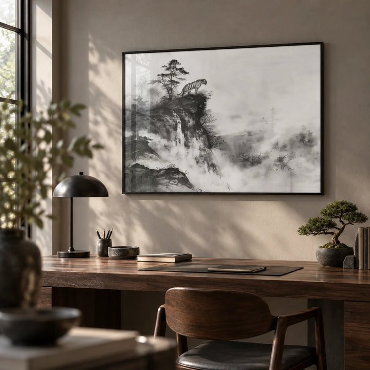 Asian Tiger Art, framed on the wall of a quiet study with a warm grey wall