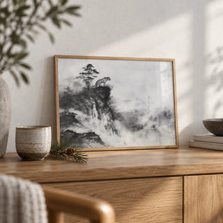Asian Tiger Art, a small A4 framed print leaning on an oak sideboard in a living room