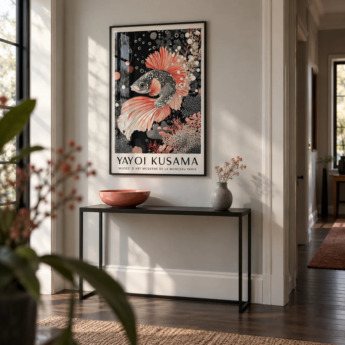 Asian Wall Art, framed on the wall of a calm hallway with a pale grey wall and a dark wood floor