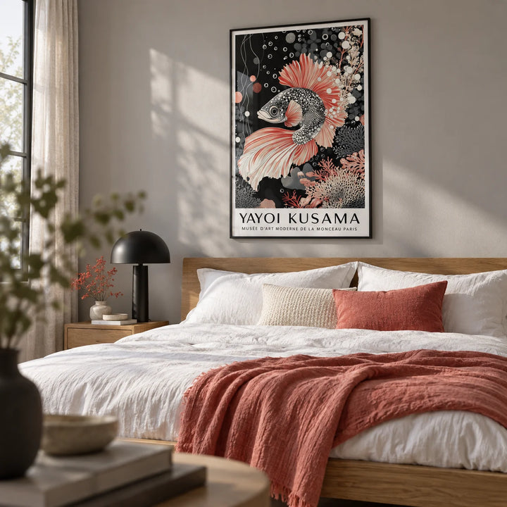Asian Wall Art, framed on the wall of a calm modern bedroom with a soft grey wall