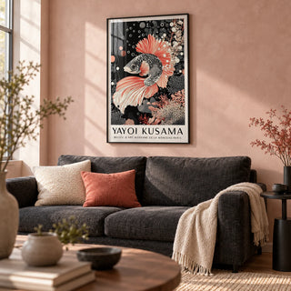 Asian Wall Art, framed on the wall of a modern living room with a soft blush pink limewashed wall