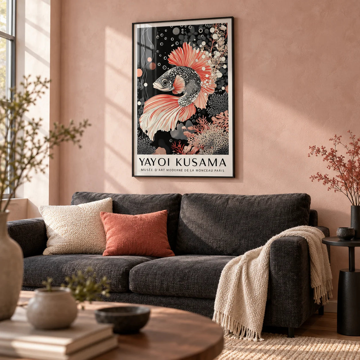 Asian Wall Art, framed on the wall of a modern living room with a soft blush pink limewashed wall