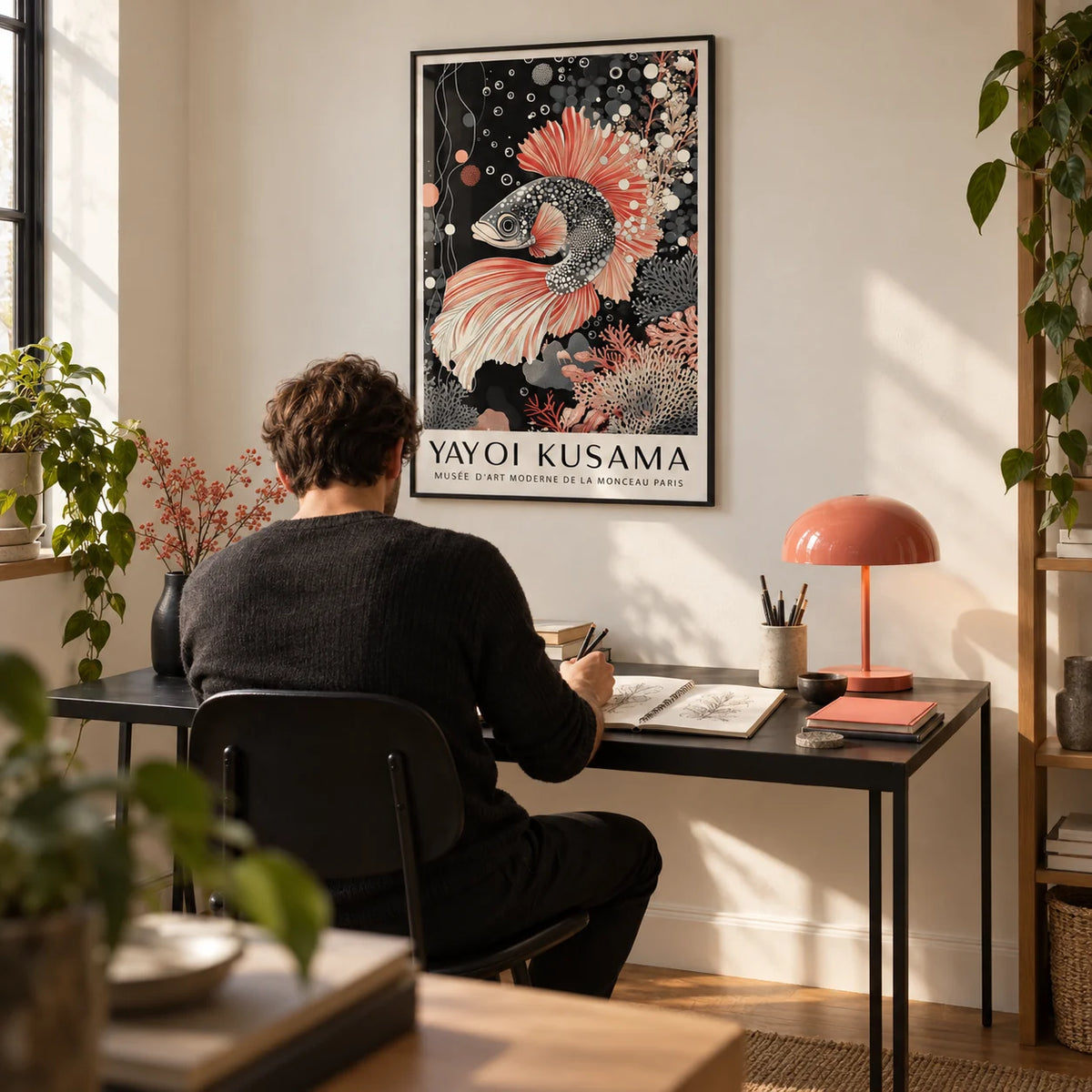 Asian Wall Art, framed on the wall of a quiet home study with a warm white wall