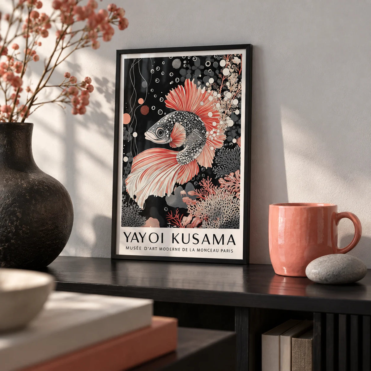 Asian Wall Art, a small A4 framed print leaning on a black shelf in a living room