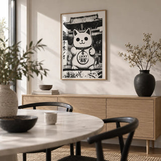 Asian Wall Decor, framed on the wall of a calm dining room