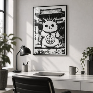 Asian Wall Decor, framed on the wall of a monochrome home office