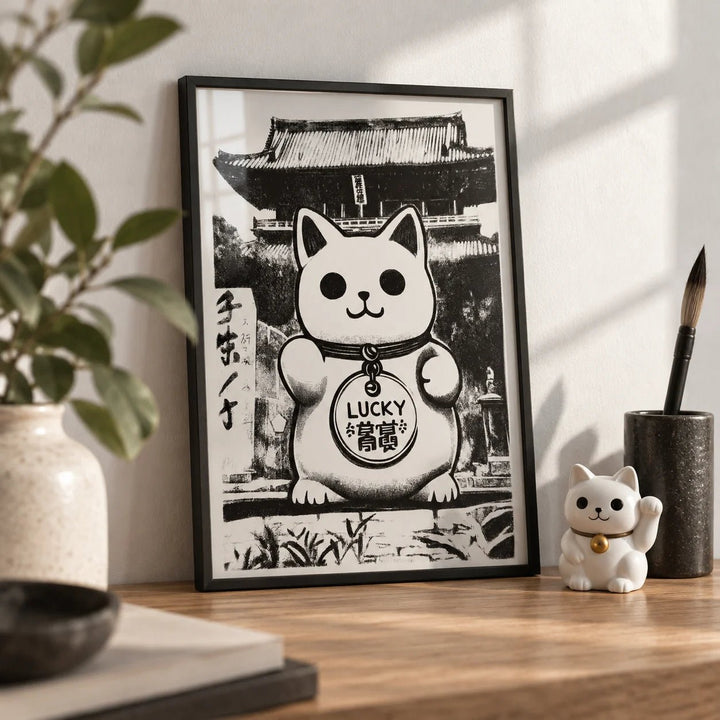 Asian Wall Decor, a small A4 framed print leaning on an oak desk