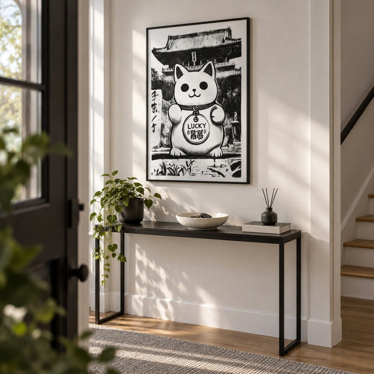 Asian Wall Decor, framed on the wall of a welcoming hallway by the front door