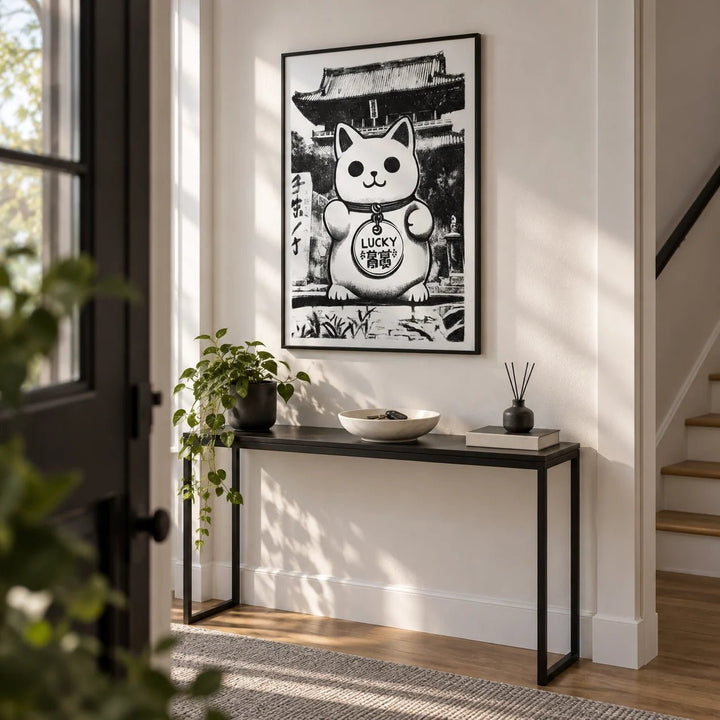 Asian Wall Decor, framed on the wall of a welcoming hallway by the front door