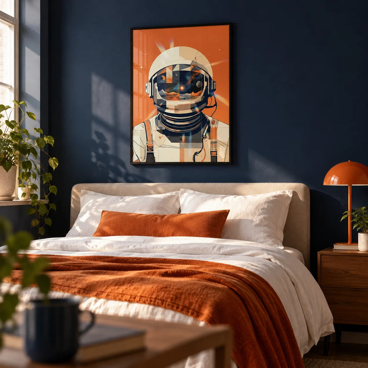 Astronaut Poster, framed on the wall of a bedroom for a 20 year old with a deep navy painted wall