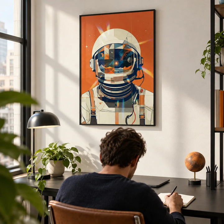 Astronaut Poster, framed on the wall of a city-flat home office with a white wall