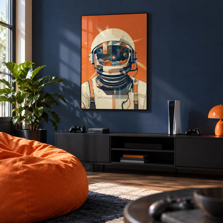 Astronaut Poster, framed on the wall of a games room with a navy wall in a hallway