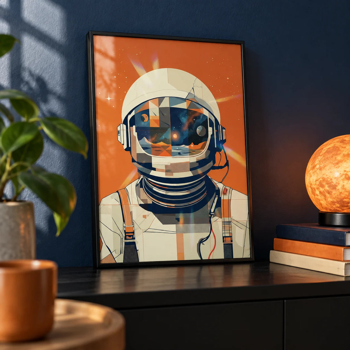 Astronaut Poster, a small A4 framed print leaning on a black shelf in a living room