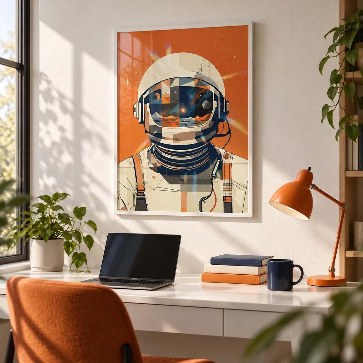 Astronaut Poster, framed on the wall of a teen study corner with a white wall in a bedroom