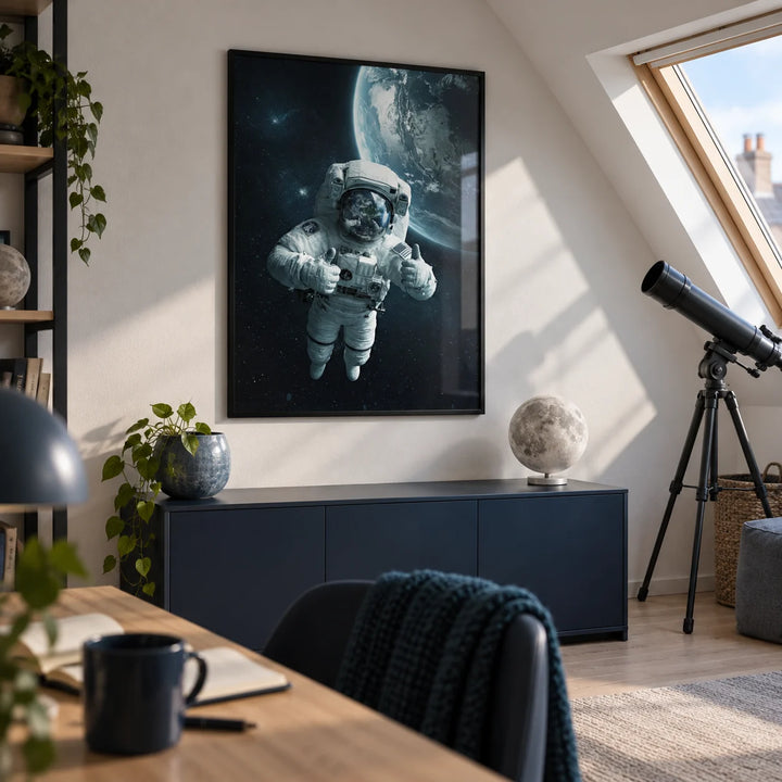 Astronaut Wall Art, framed on the wall of a compact loft hobby room for a space enthusiast (22-35) in a UK home with a sloping ceiling