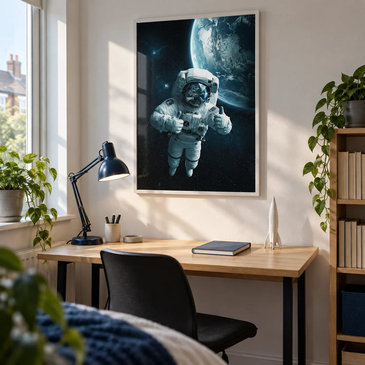 Astronaut Wall Art, framed on the wall of a compact university study corner for a student (18-21) in a UK shared house with a white wall