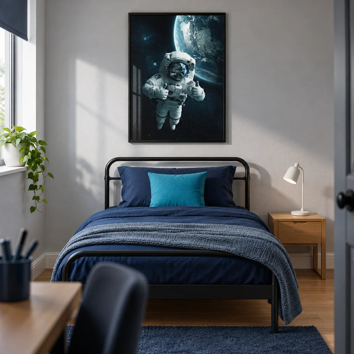 Astronaut Wall Art, framed on the wall of a contemporary teen bedroom (13-17) in a UK family home with a pale grey wall and an oak floor
