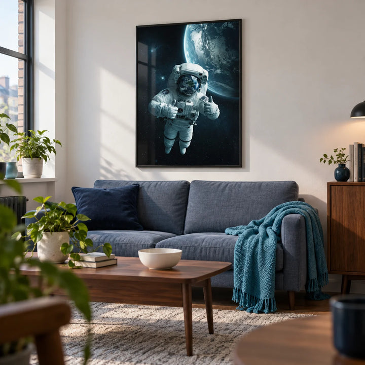 Astronaut Wall Art, framed on the wall of a modern living room in a young adult's first UK flat (22-28) with a cool white wall and walnut furniture