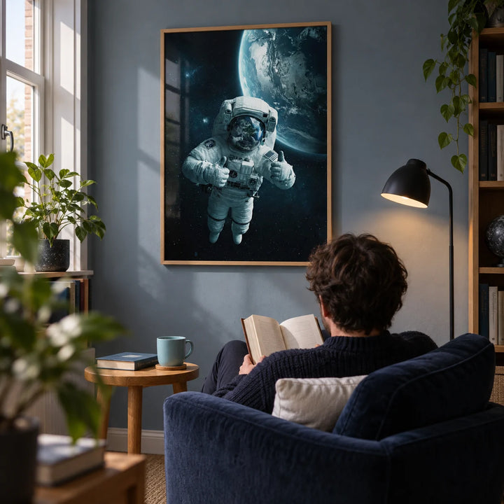 Astronaut Wall Art, framed on the wall of a quiet astronomy enthusiast's reading corner in a UK terraced house with a muted blue-grey wall in a living room