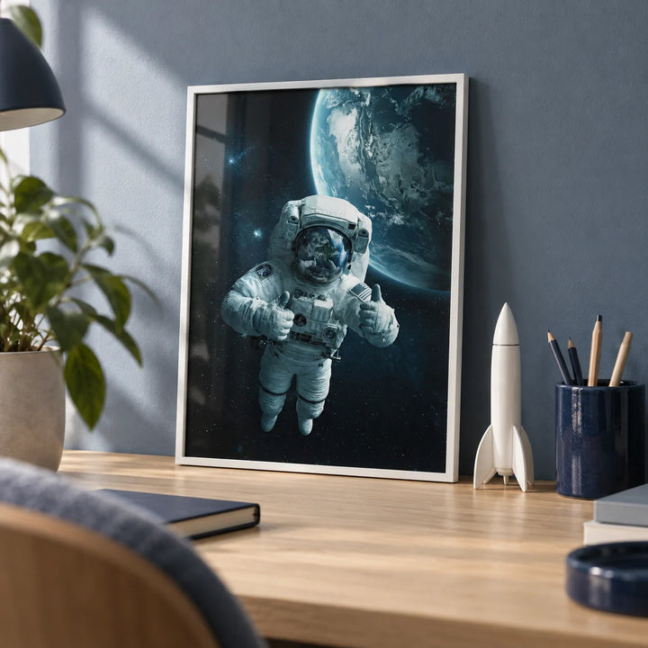 Astronaut Wall Art, a small A4 framed print leaning on a pale oak desk