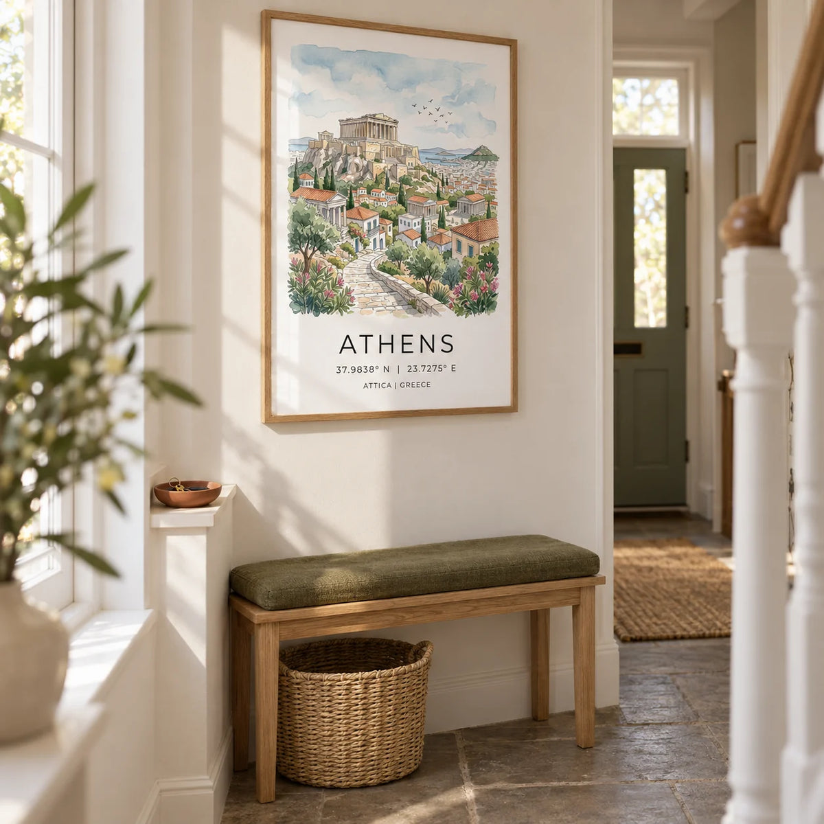 Athens Art Print, framed on the wall of a bright narrow hallway in a UK terraced house with warm white walls and a simple stone floor