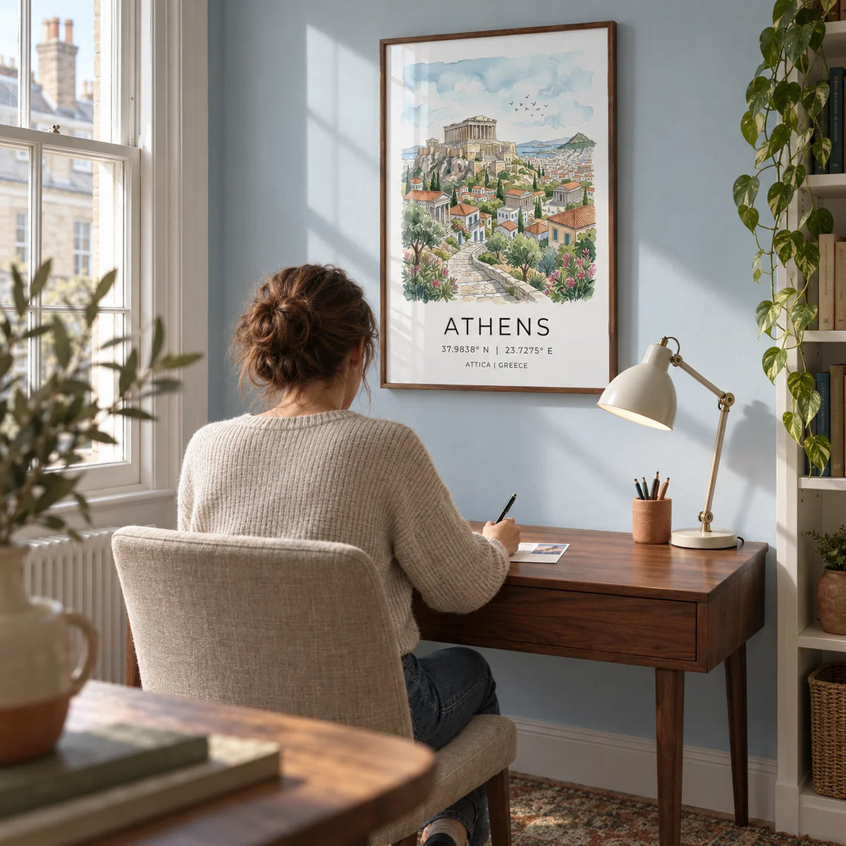 Athens Art Print, framed on the wall of a quiet home study in a UK flat with pale blue walls and a tall sash window