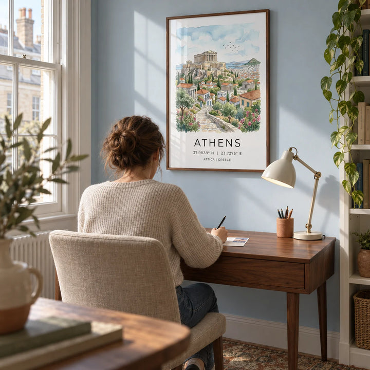 Athens Art Print, framed on the wall of a quiet home study in a UK flat with pale blue walls and a tall sash window