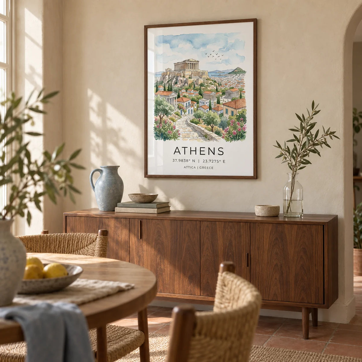 Athens Art Print, framed on the wall of a relaxed dining room in a UK garden flat with warm chalk plaster walls and a plain terracotta floor