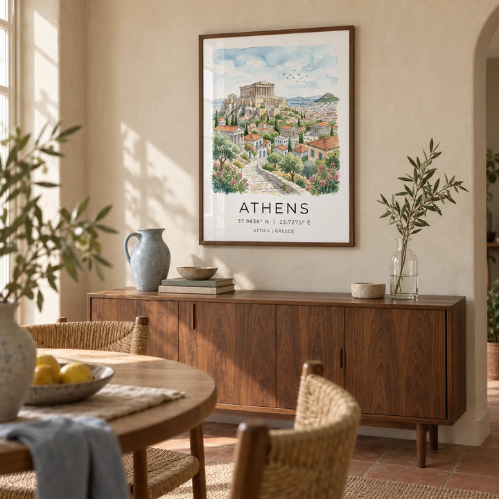 Athens Art Print, framed on the wall of a relaxed dining room in a UK garden flat with warm chalk plaster walls and a plain terracotta floor