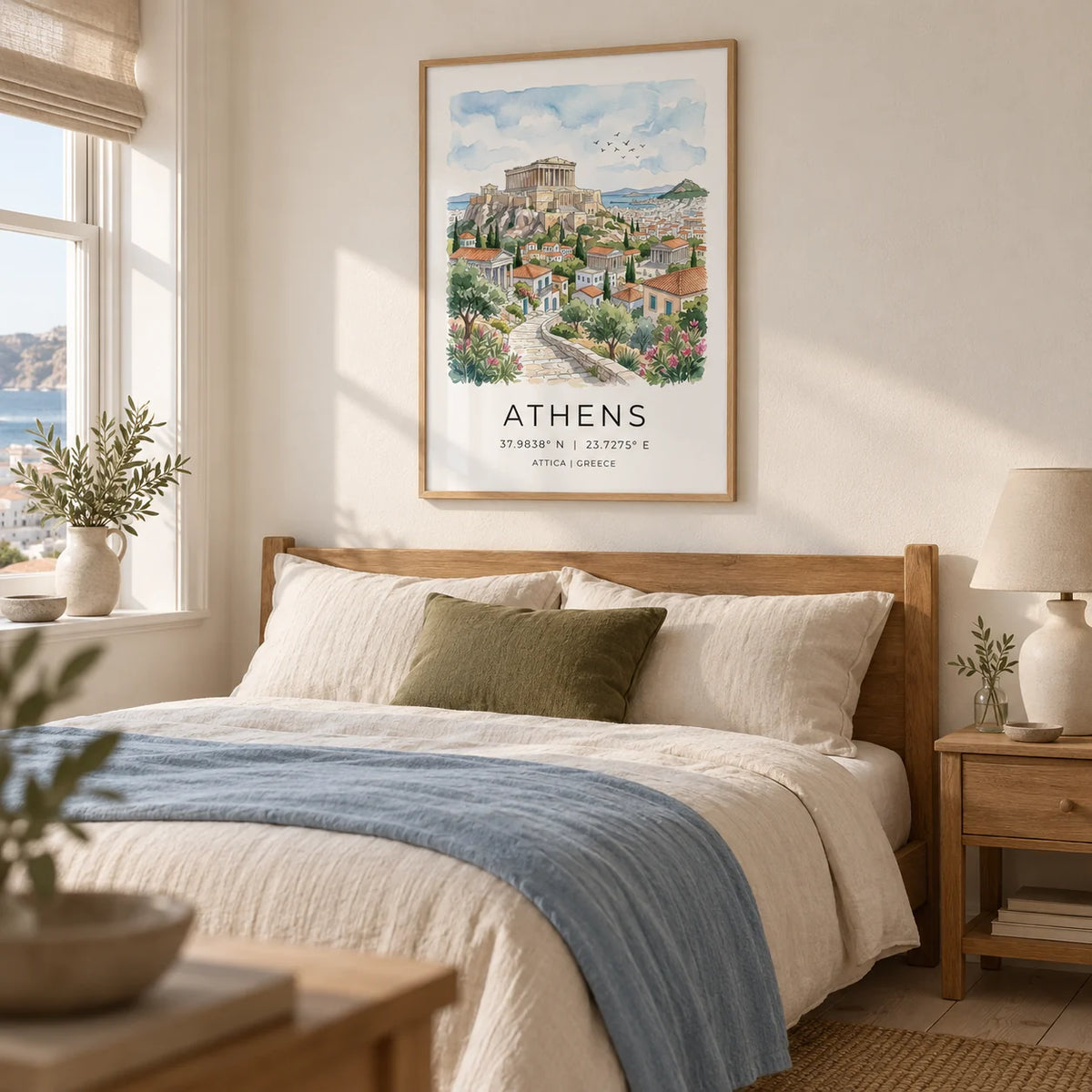 Athens Art Print, framed on the wall of a restful bedroom in a UK coastal terrace with warm white plaster walls and pale timber floorboards