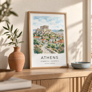 Athens Art Print, a small A4 framed print leaning on a pale oak side table in a hallway